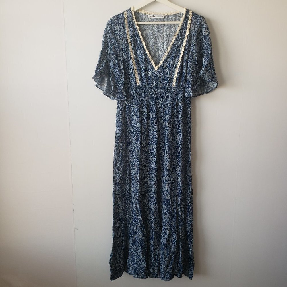 Zara womens dress size XS Paisley Print Half Sleeve v-neck Tiered maxi boho